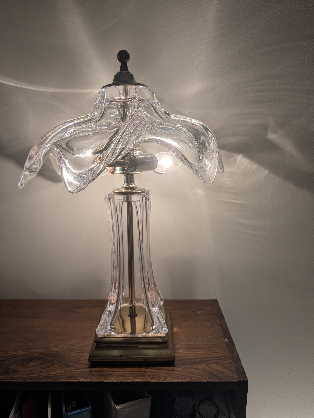 Vintage Cofrac Artverrier Glass Flower Table Lamp with Brass Base - Clear